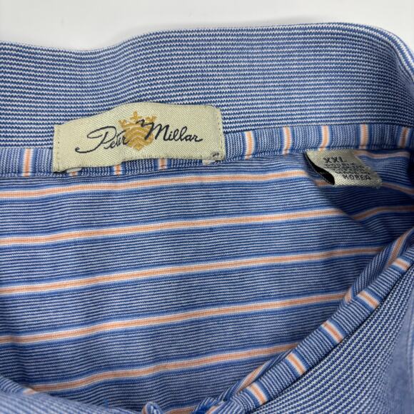 Peter Millar Mens 2XL Blue Orange Striped Short Sleeve Cotton Polo Shirt - Picture 2 of 5